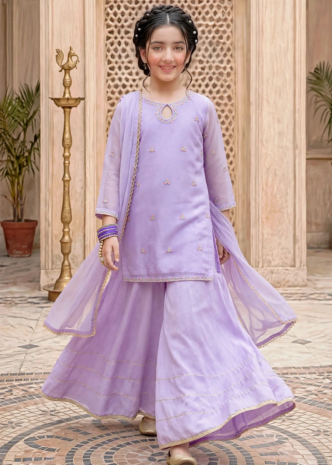 Modest Lavender 3 Piece Embroidered Chiffon Suit