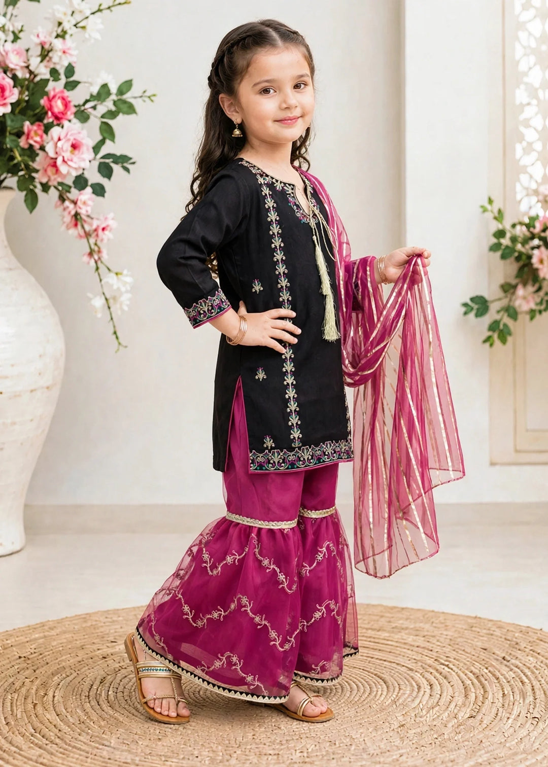 Modest Black Rawsilk Gharara 3 Piece