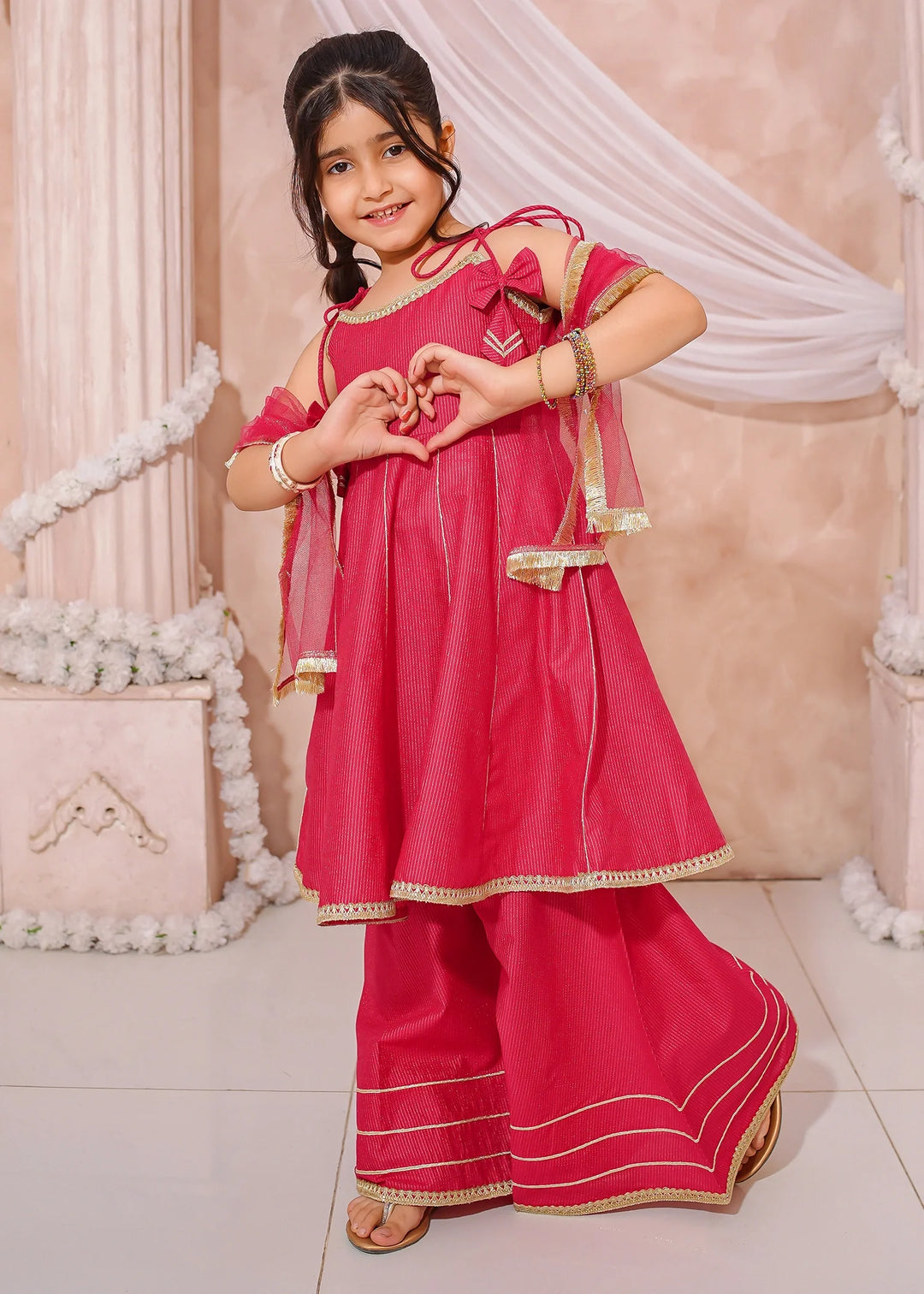 Modest - Maysuri Embroidered Sharara For Girl - Pink - 3 Piece