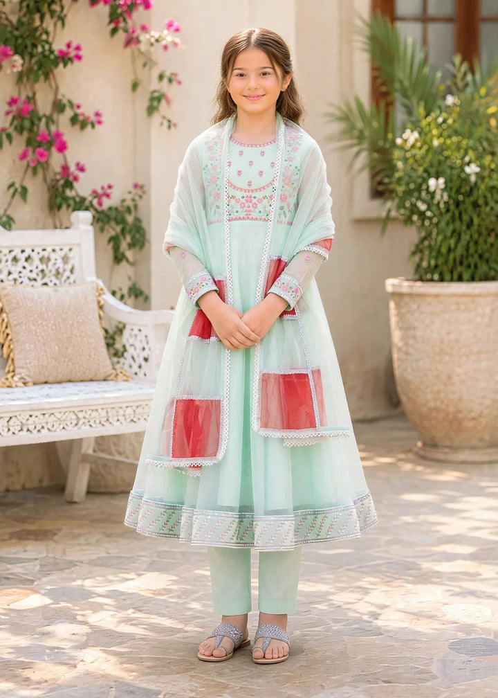 Modest 3 Piece Blue Embroidered Crinkle Suit