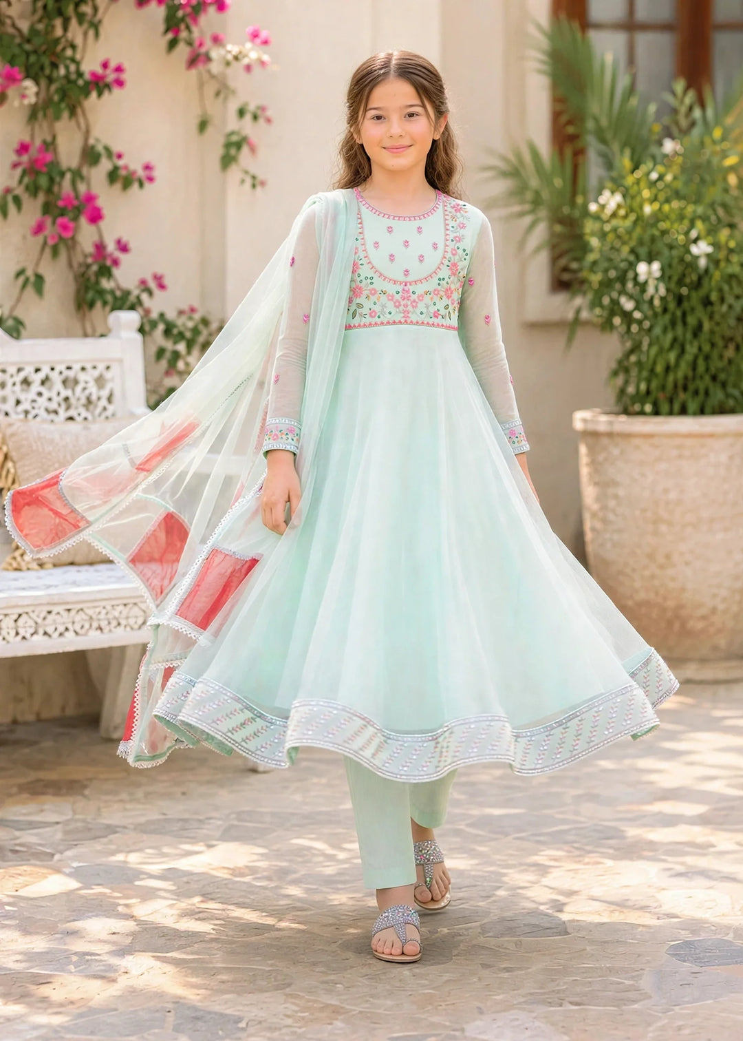 Modest 3 Piece Blue Embroidered Crinkle Suit