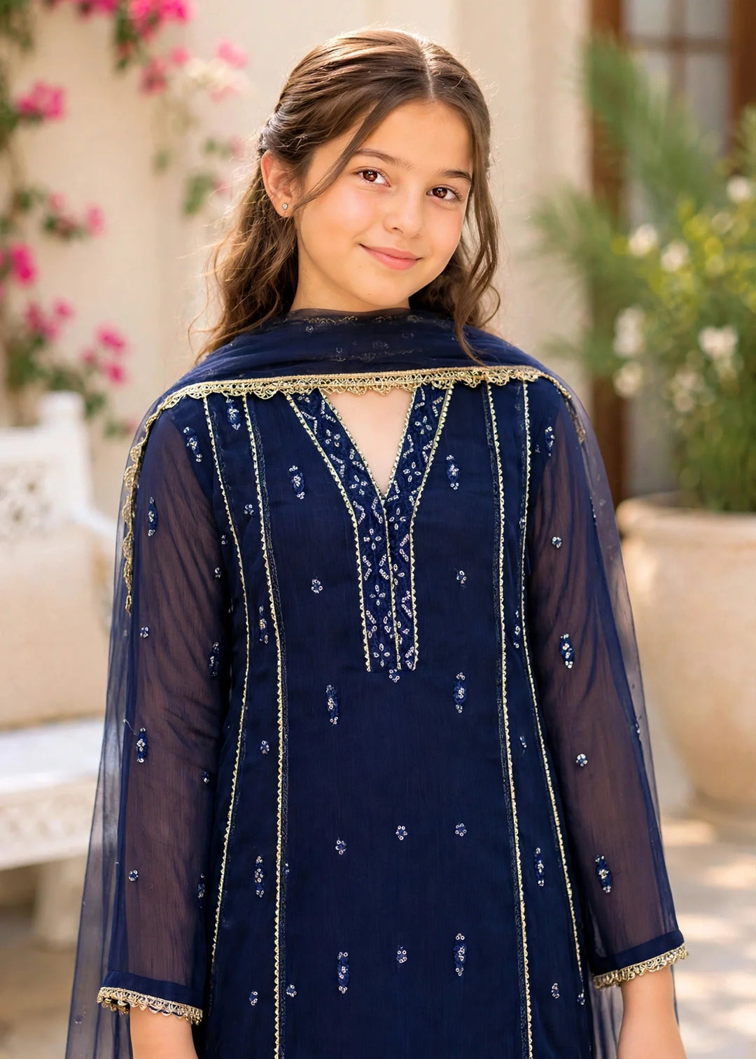 Modest Embroidered Crinkle Suit Blue 3 Piece