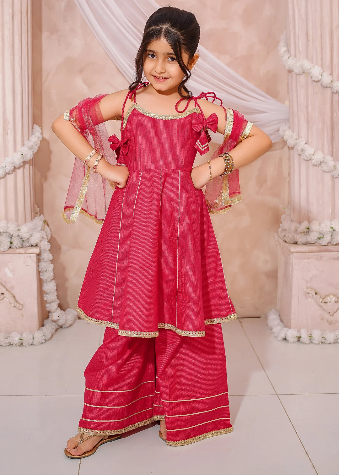 Modest - Maysuri Embroidered Sharara For Girl - Pink - 3 Piece