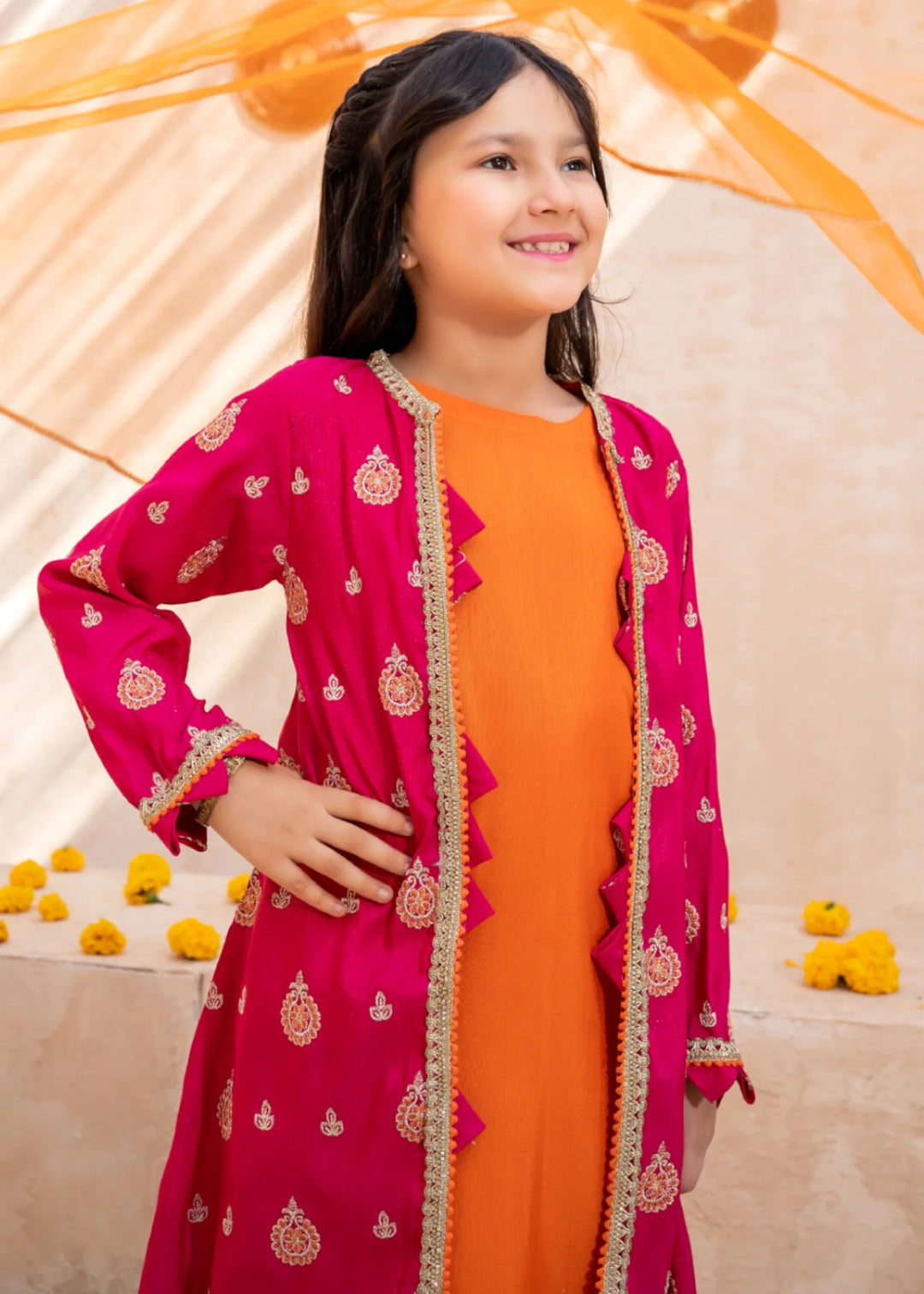 Modest - Orange Rawsilk Embroidered Gharara For Girl - 3 Piece