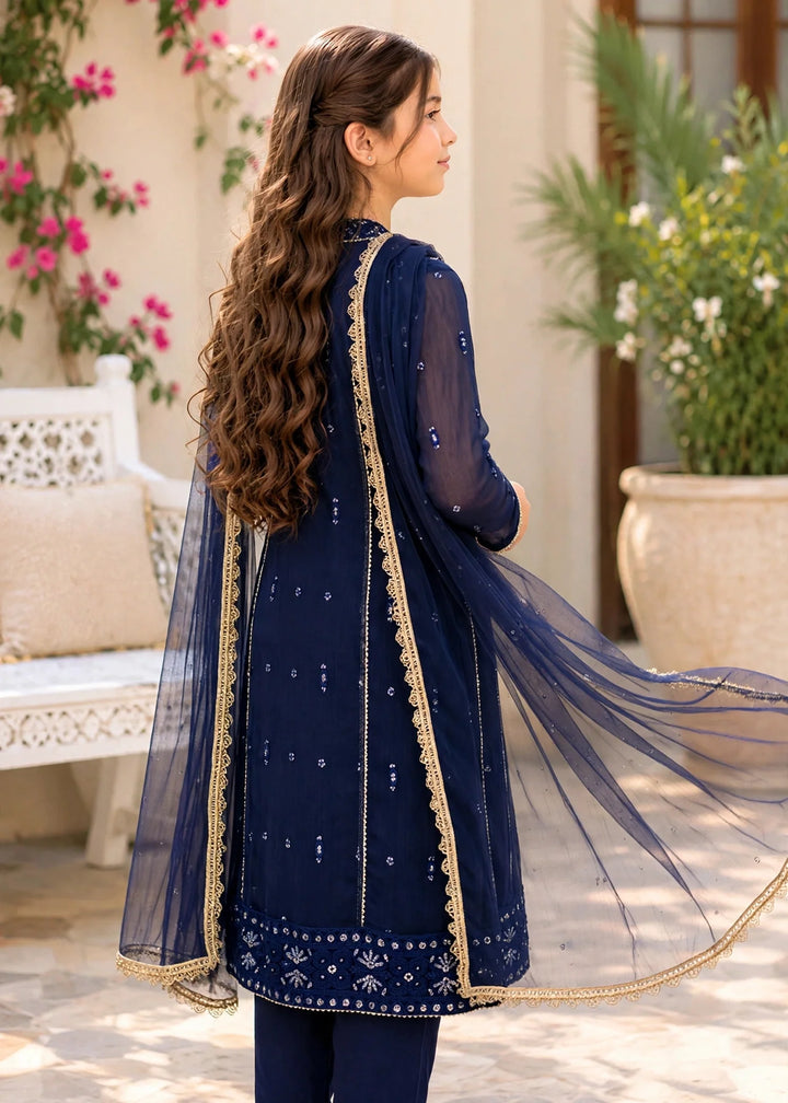 Modest Embroidered Crinkle Suit Blue 3 Piece