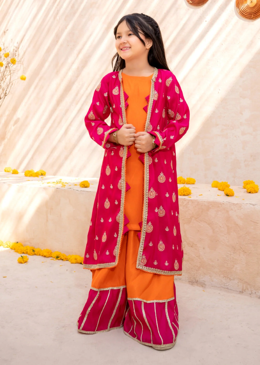 Modest - Orange Rawsilk Embroidered Gharara For Girl - 3 Piece