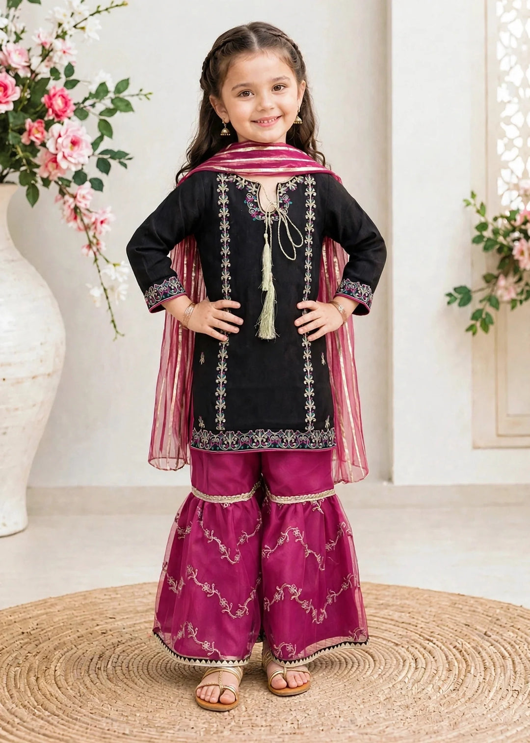 Modest Black Rawsilk Gharara 3 Piece