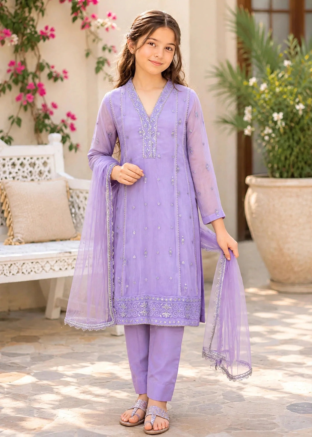 Modest Embroidered Crinkle Suit Purple 3 Piece