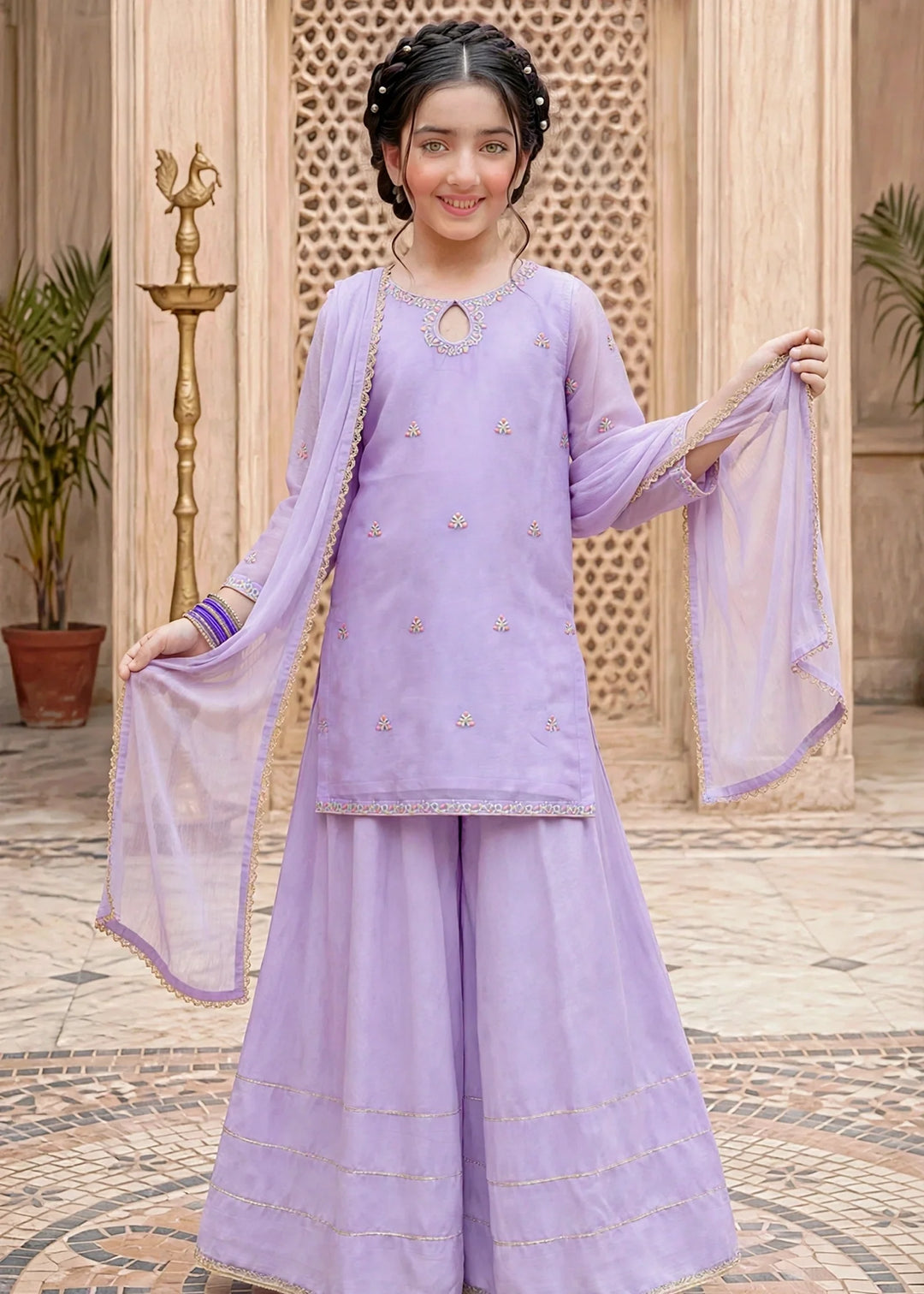 Modest Lavender 3 Piece Embroidered Chiffon Suit
