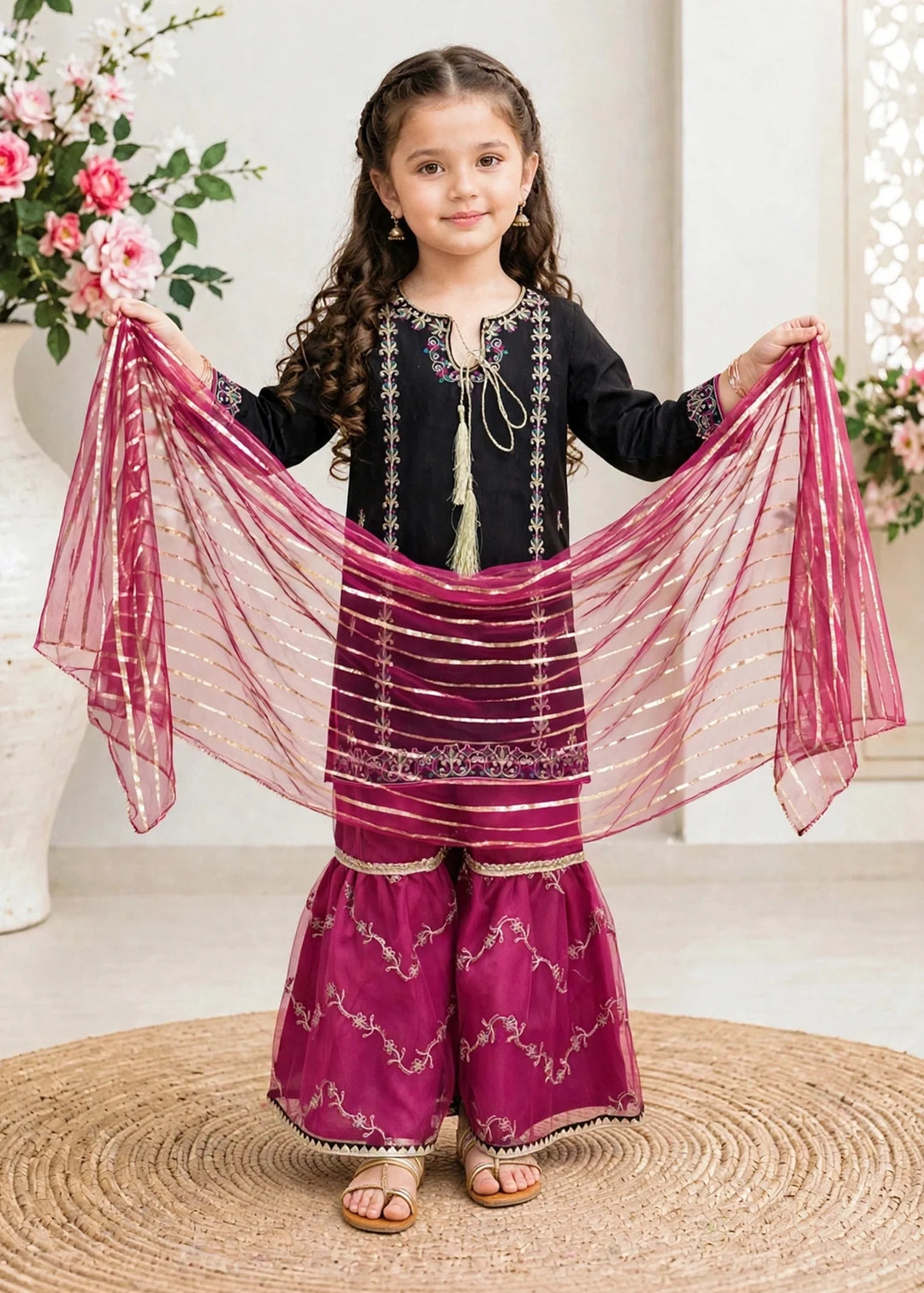 Modest Black Rawsilk Gharara 3 Piece
