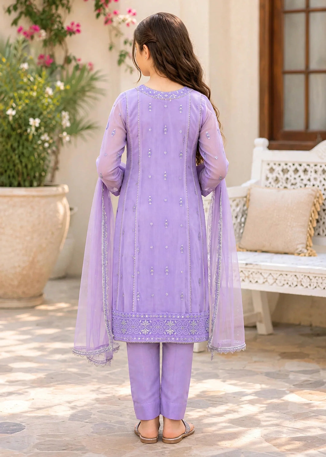 Modest Embroidered Crinkle Suit Purple 3 Piece