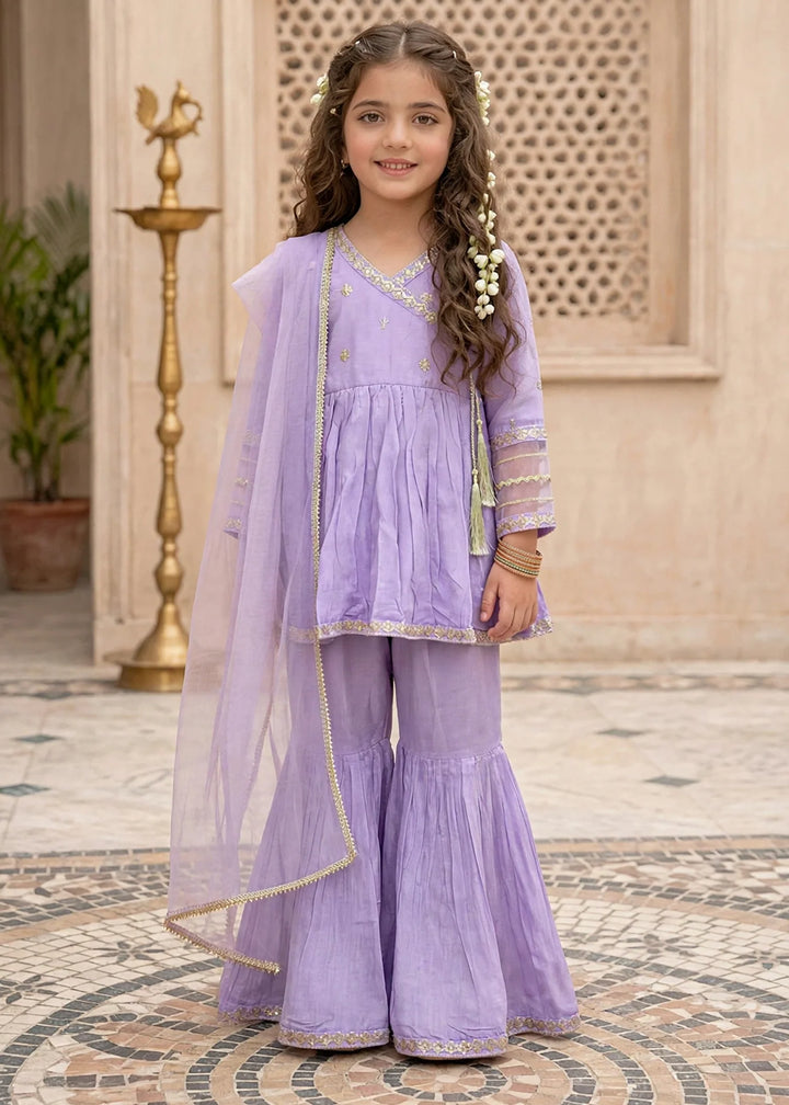 Modest Girls 3 Piece Cotton Silk Embroidered Anghrakha Dress Purple