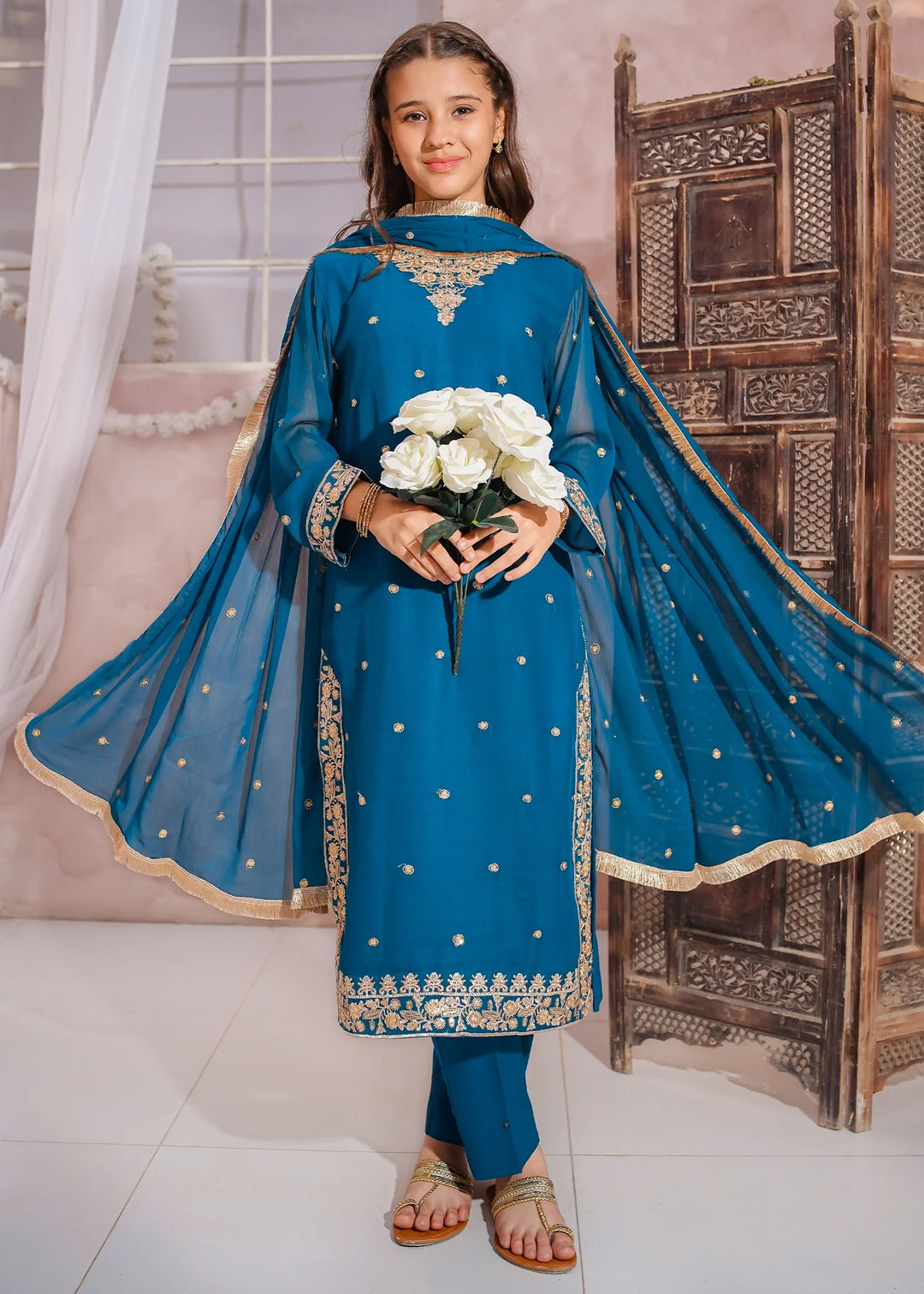 Modest - Embroidered Crinkle Suit For Girl - Blue - 3 Piece - Studio by TCS