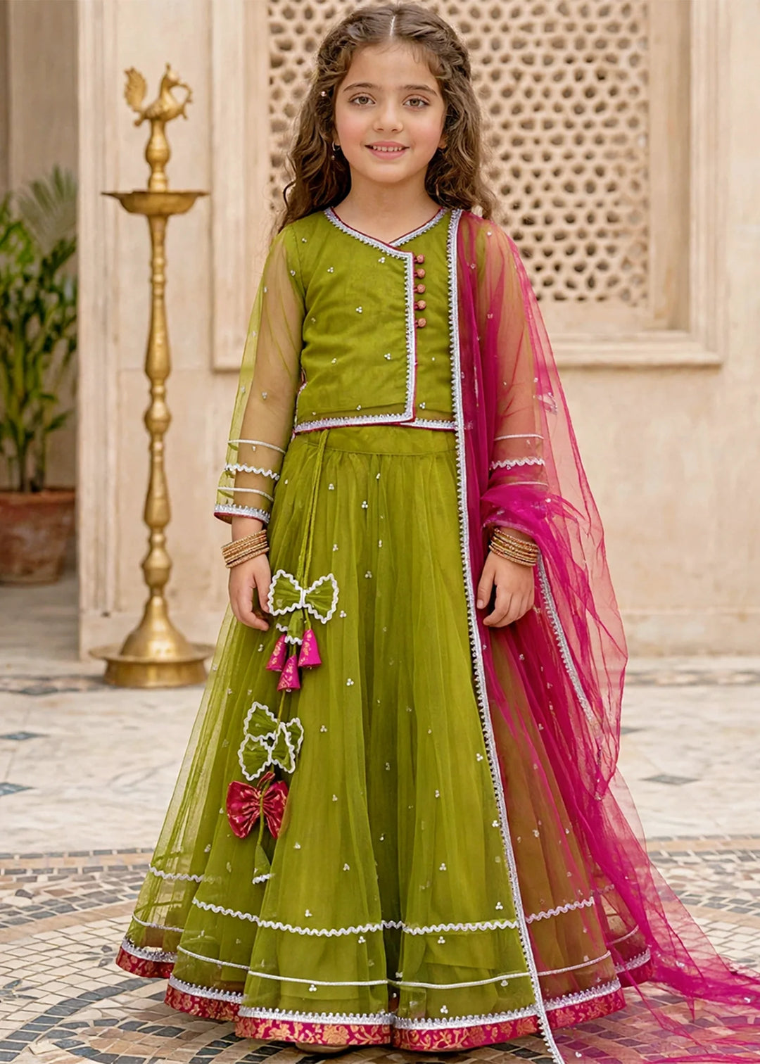 Modest Girls 3 Piece Green Net Lehenga