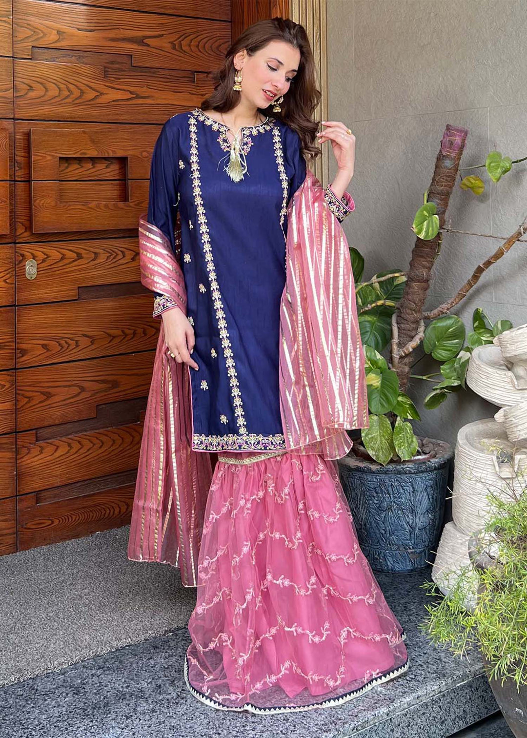 Modest - Gulnoor Rawsilk Gharara Suit For Women - Blue - 3 Piece