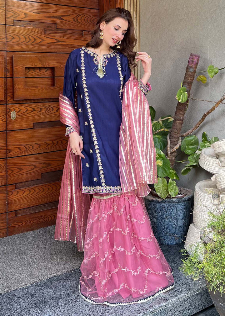 Modest - Gulnoor Rawsilk Gharara Suit For Women - Blue - 3 Piece