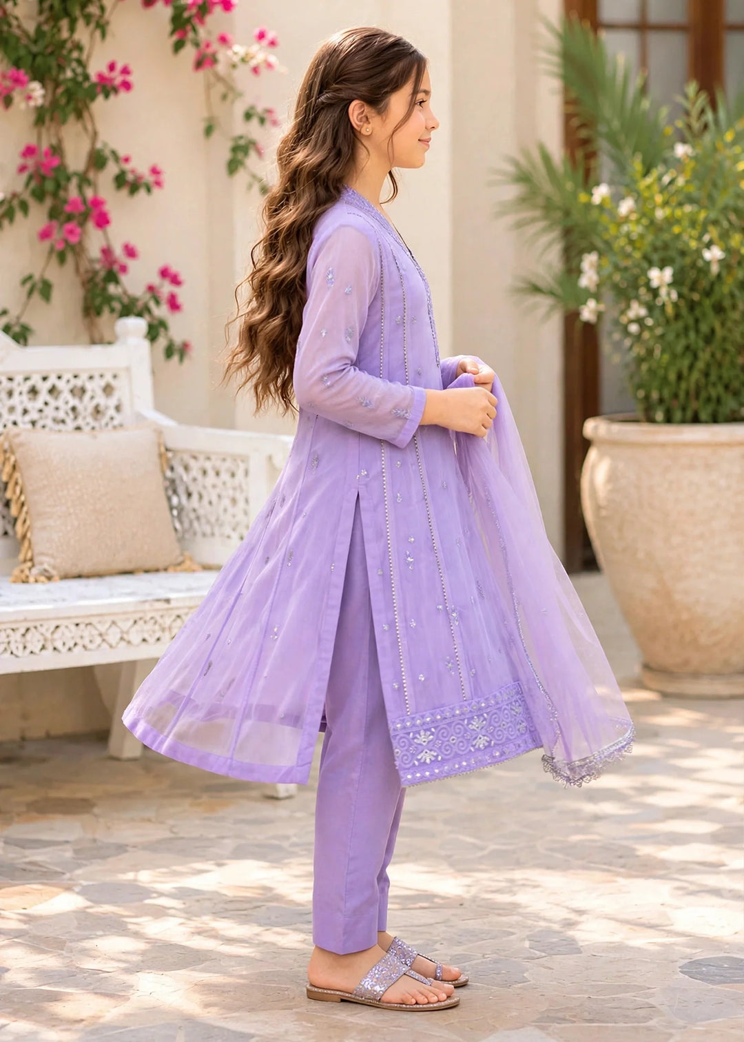 Modest Embroidered Crinkle Suit Purple 3 Piece