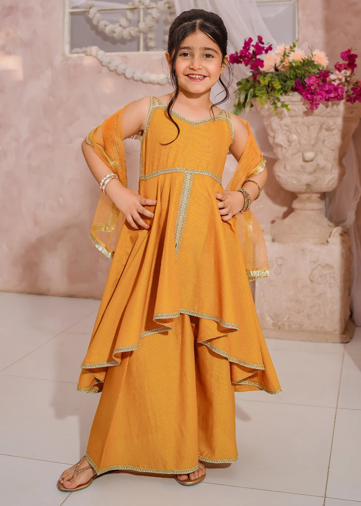 Modest - Maysuri Embroidered Sharara For Girl - Yellow - 3 Piece