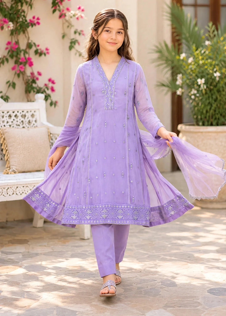 Modest Embroidered Crinkle Suit Purple 3 Piece