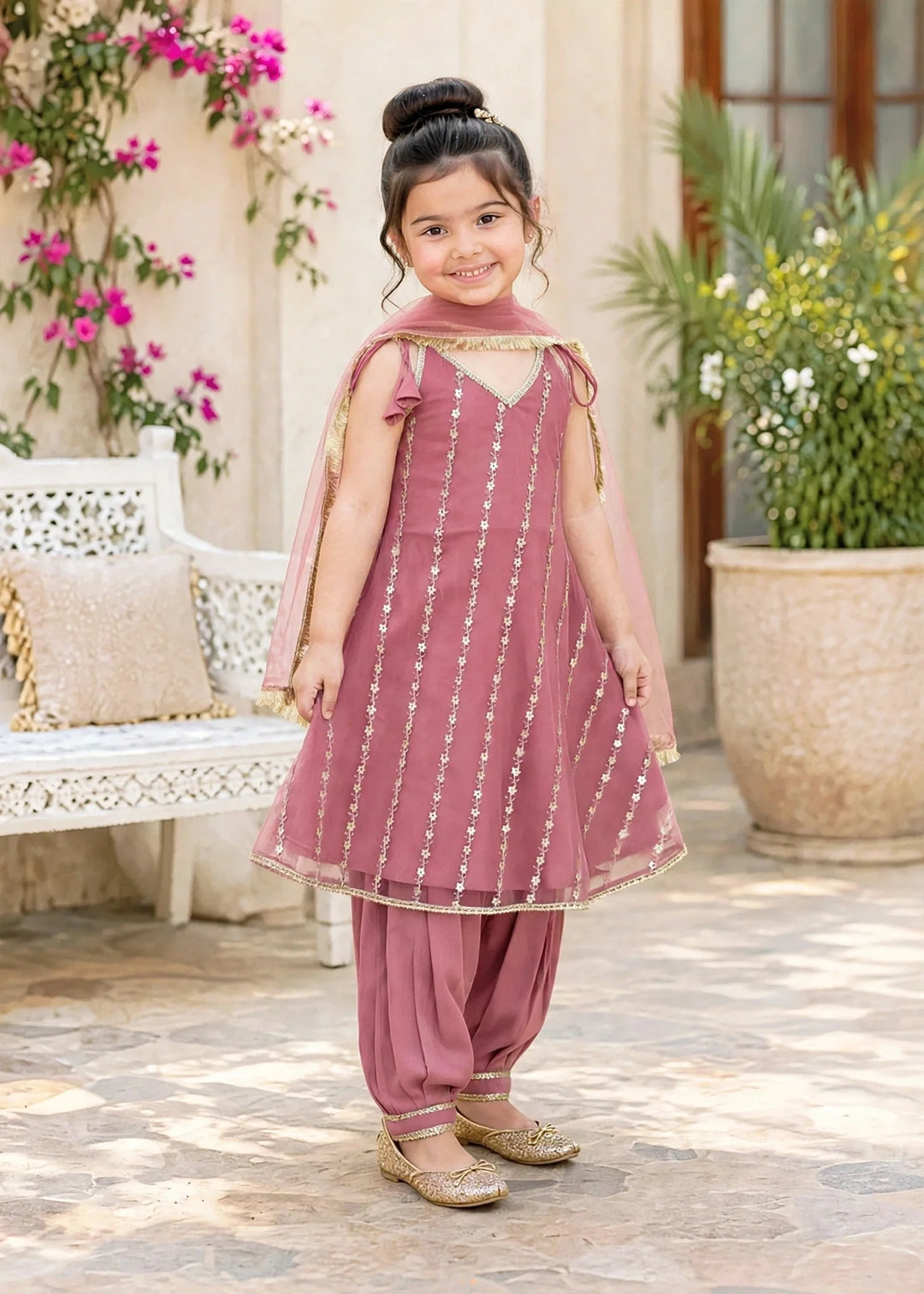 Modest 3 Piece Net Embroidered Pink Frock