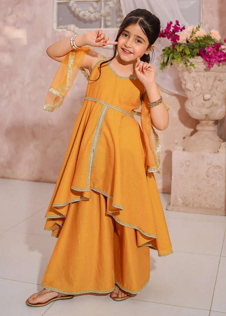 Modest - Maysuri Embroidered Sharara For Girl - Yellow - 3 Piece