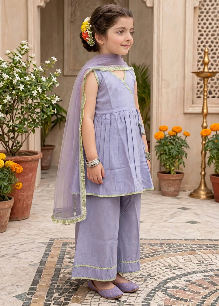 Modest Girls 3 Piece Purple Cotton Festive Anghrakha Dress