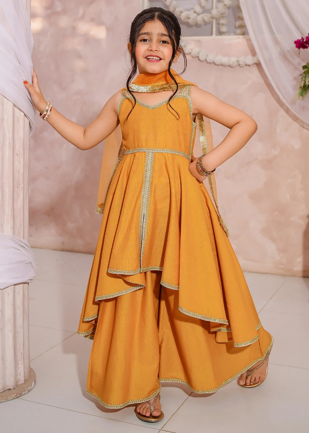 Modest - Maysuri Embroidered Sharara For Girl - Yellow - 3 Piece
