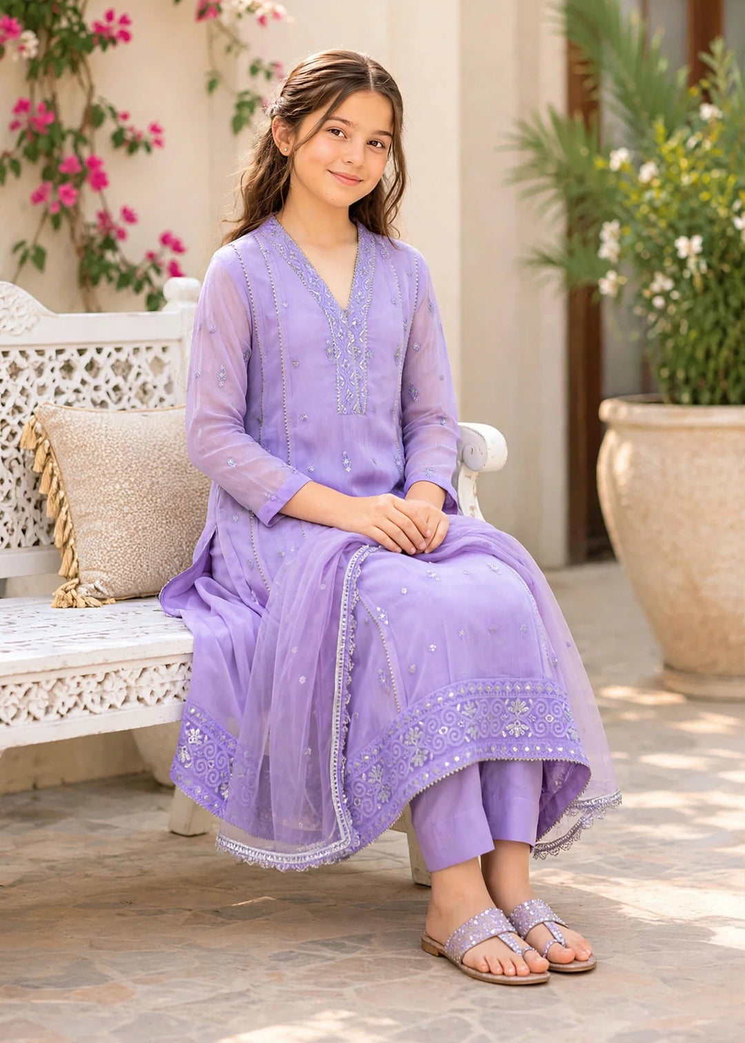 Modest Embroidered Crinkle Suit Purple 3 Piece