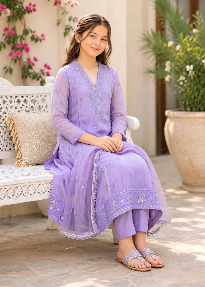 Modest Embroidered Crinkle Suit Purple 3 Piece