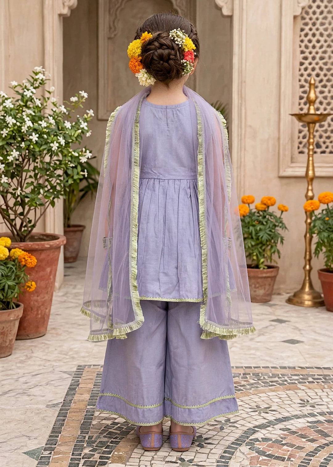 Modest Girls 3 Piece Purple Cotton Festive Anghrakha Dress