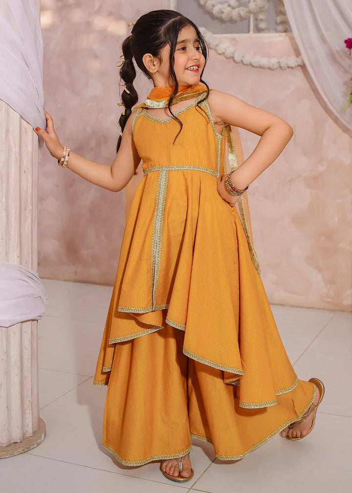 Modest - Maysuri Embroidered Sharara For Girl - Yellow - 3 Piece