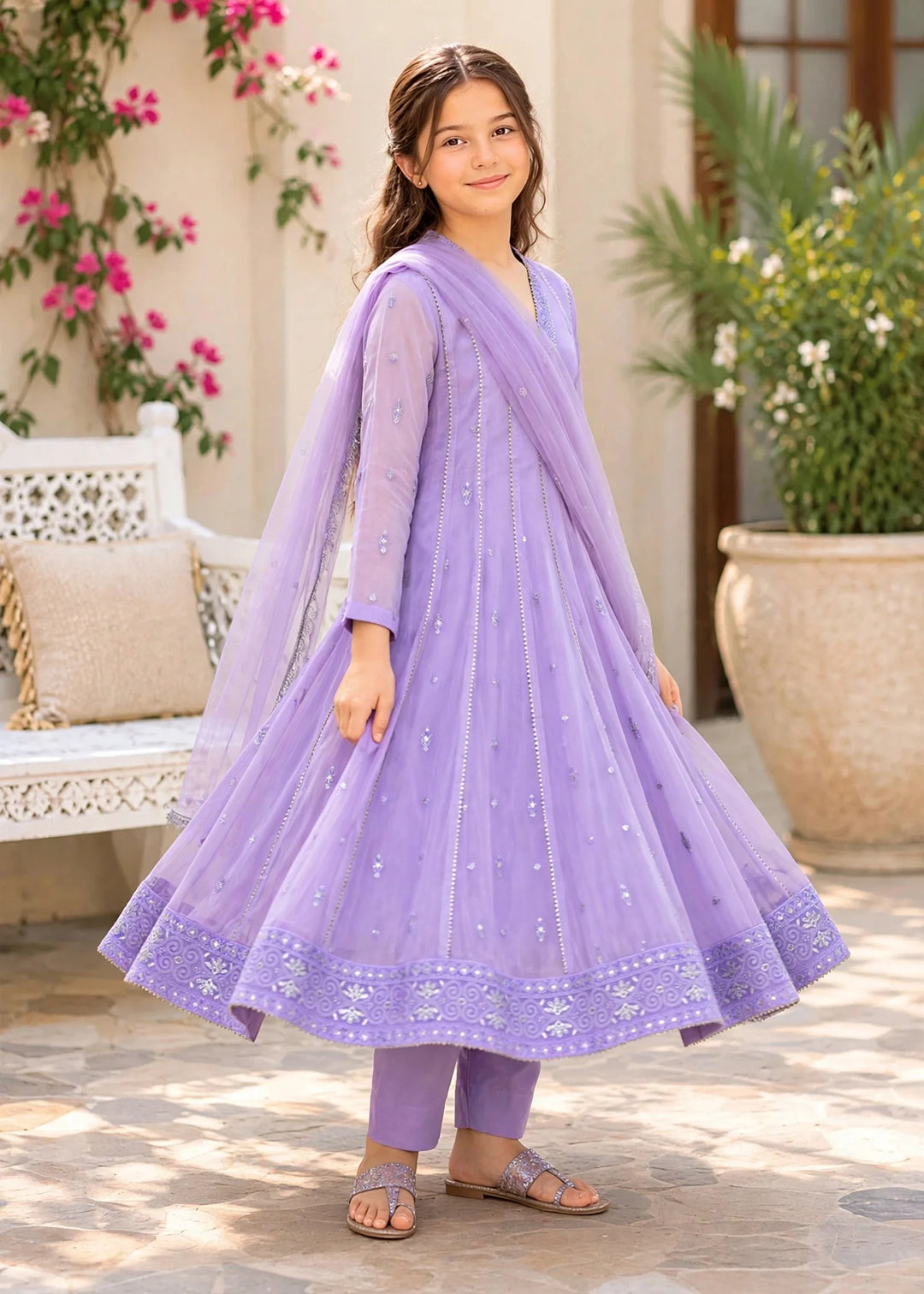 Modest Embroidered Crinkle Suit Purple 3 Piece