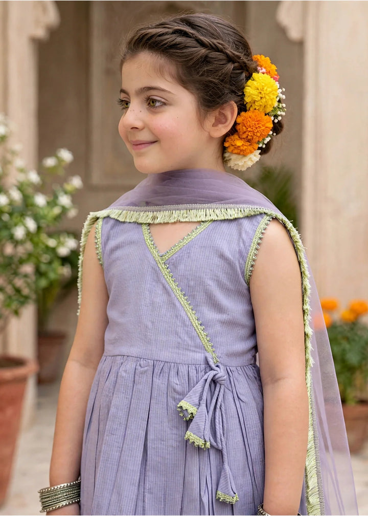 Modest Girls 3 Piece Purple Cotton Festive Anghrakha Dress