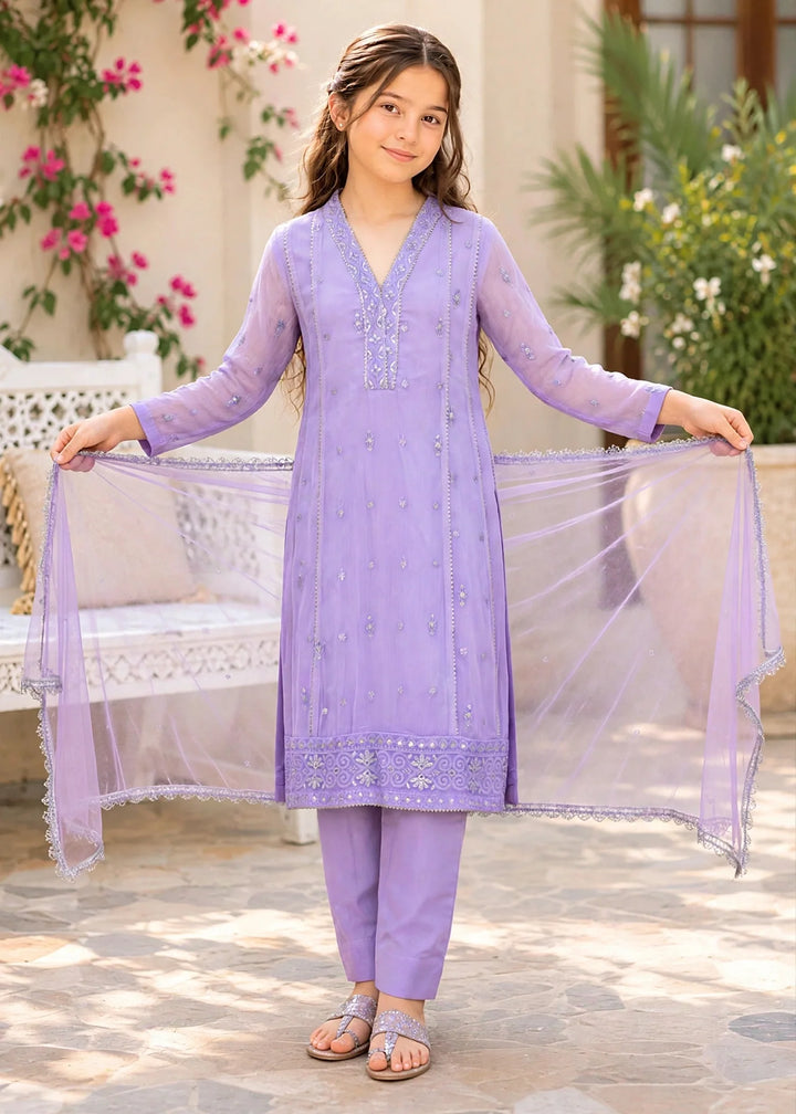 Modest Embroidered Crinkle Suit Purple 3 Piece