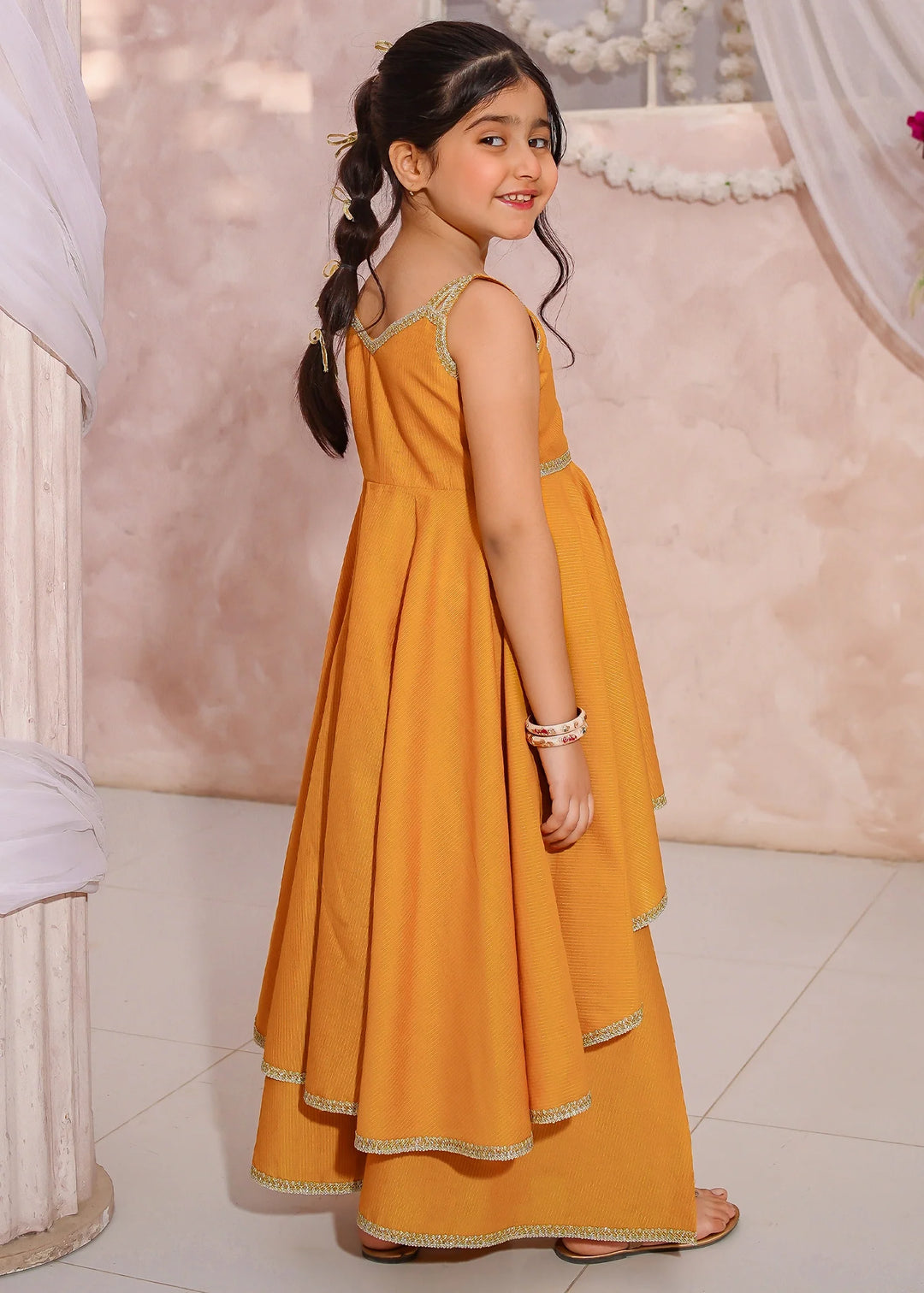Modest - Maysuri Embroidered Sharara For Girl - Yellow - 3 Piece
