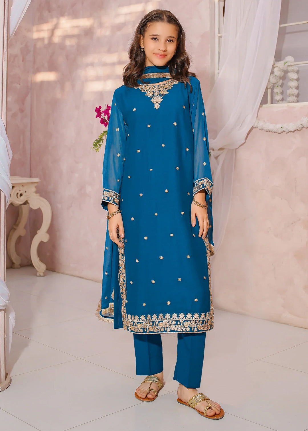 Modest - Embroidered Crinkle Suit For Girl - Blue - 3 Piece - Studio by TCS