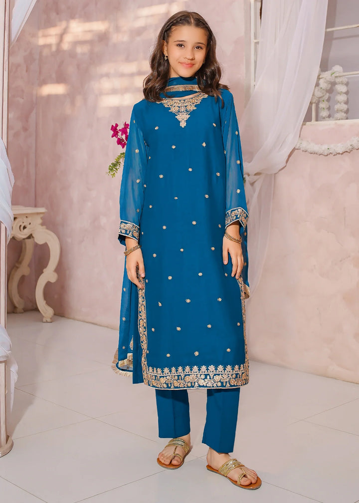 Modest - Embroidered Crinkle Suit For Girl - Blue - 3 Piece - Studio by TCS