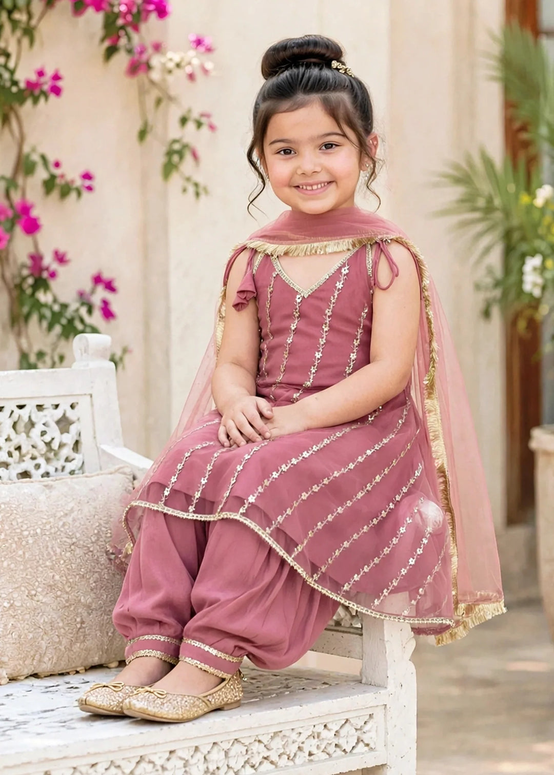 Modest 3 Piece Net Embroidered Pink Frock