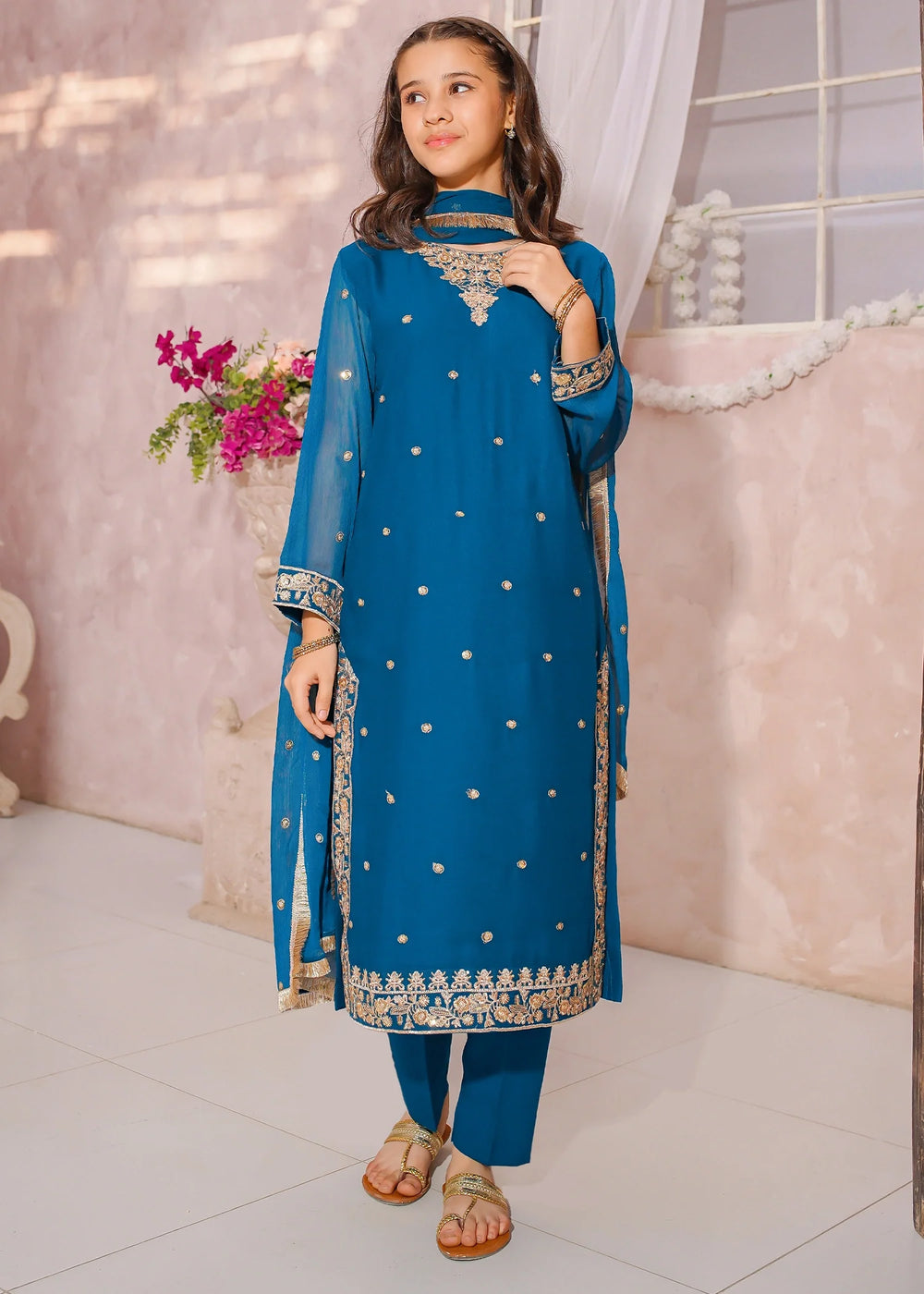 Modest - Embroidered Crinkle Suit For Girl - Blue - 3 Piece - Studio by TCS