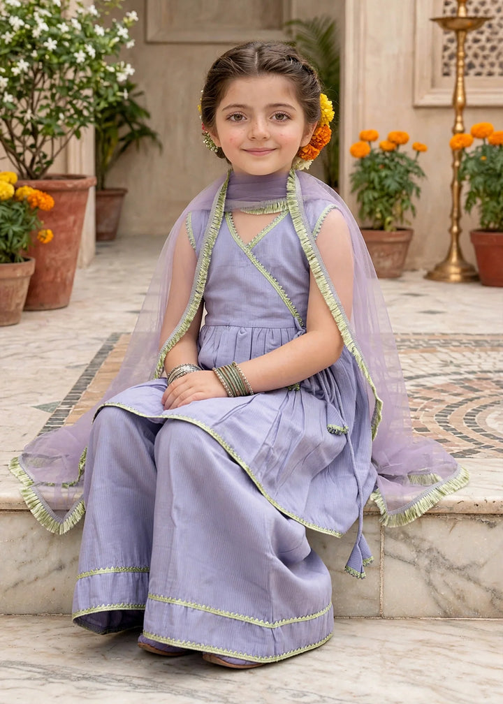 Modest Girls 3 Piece Purple Cotton Festive Anghrakha Dress