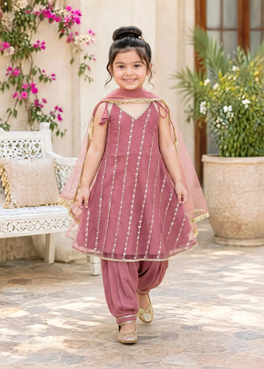 Modest 3 Piece Net Embroidered Pink Frock