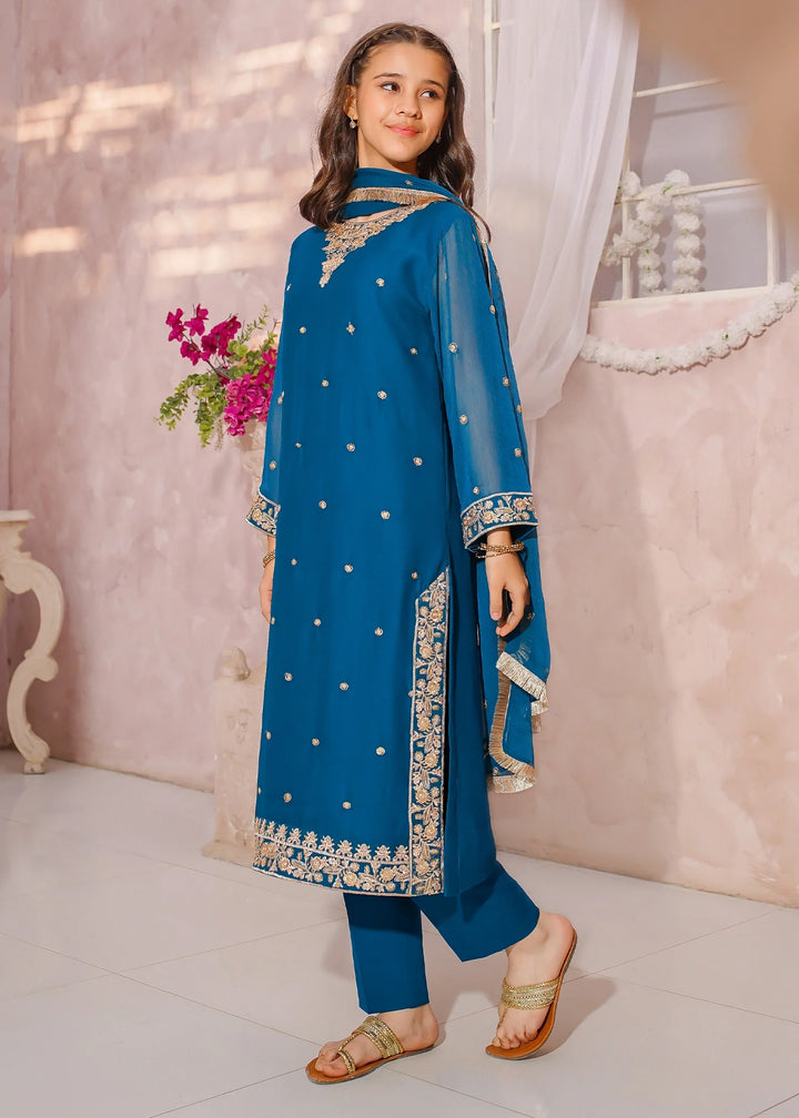 Modest - Embroidered Crinkle Suit For Girl - Blue - 3 Piece - Studio by TCS
