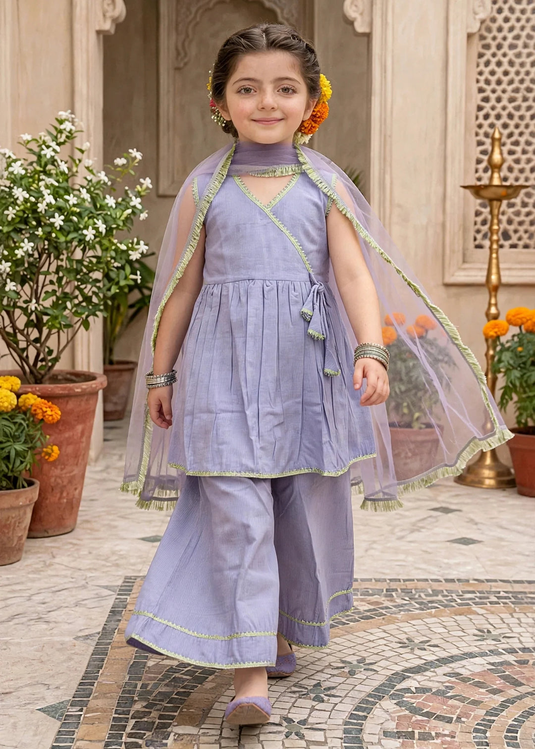Modest Girls 3 Piece Purple Cotton Festive Anghrakha Dress