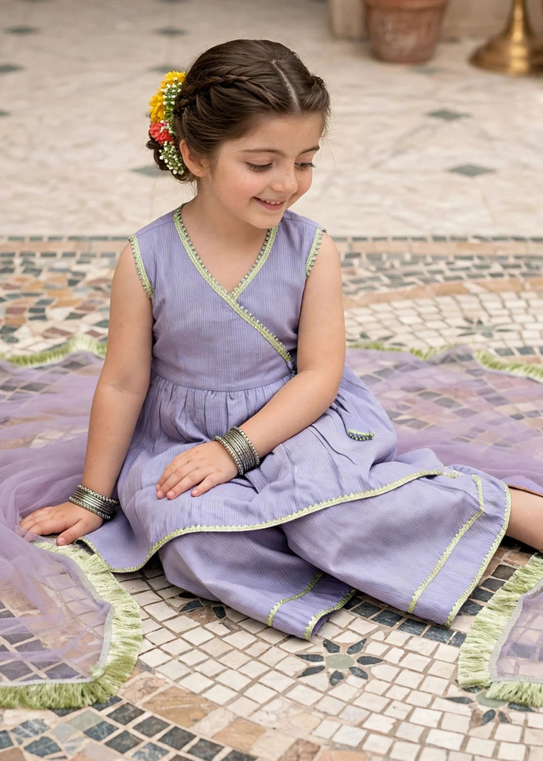 Modest Girls 3 Piece Purple Cotton Festive Anghrakha Dress