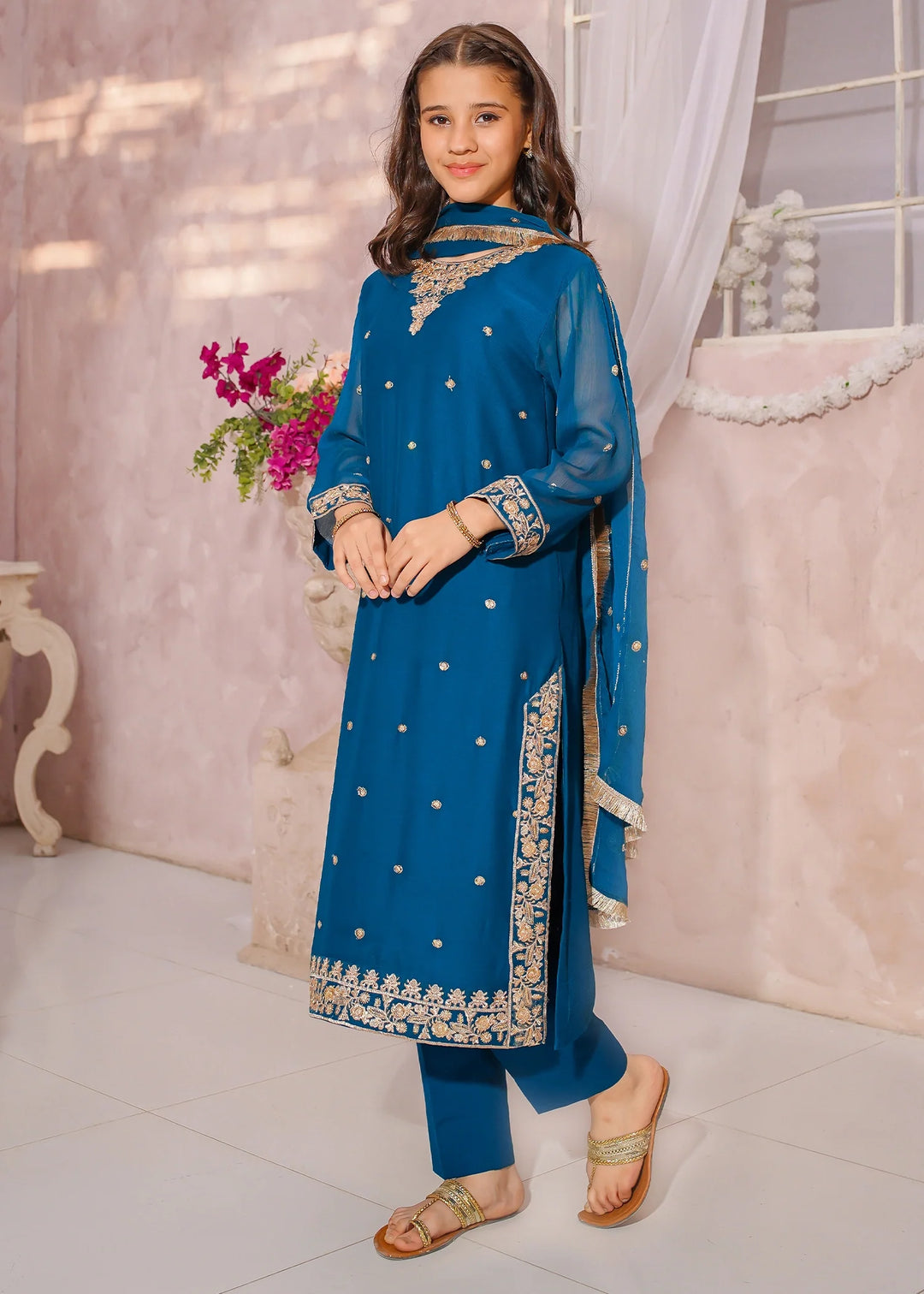 Modest - Embroidered Crinkle Suit For Girl - Blue - 3 Piece - Studio by TCS