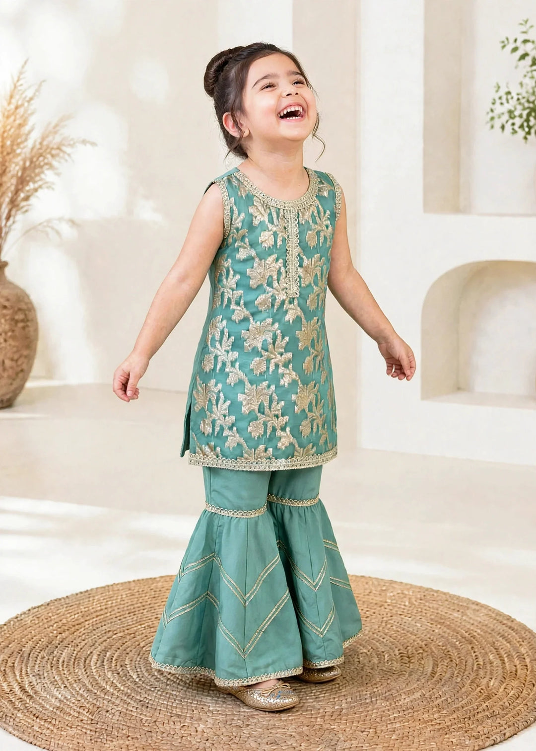 Modest 3 Piece Textured Banarasi Green Gharara