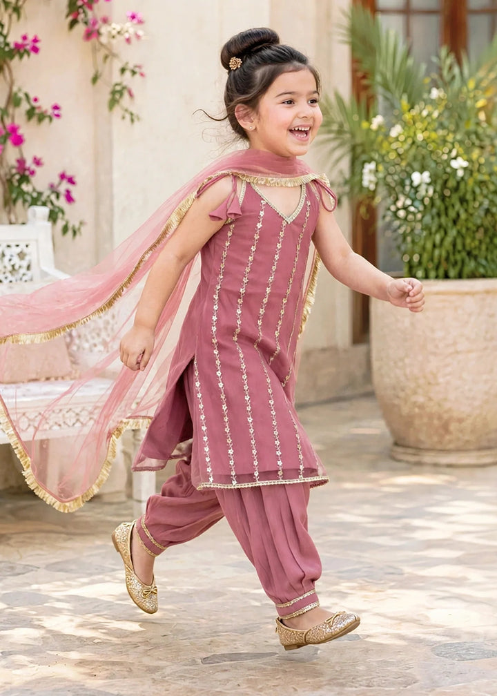 Modest 3 Piece Net Embroidered Pink Frock