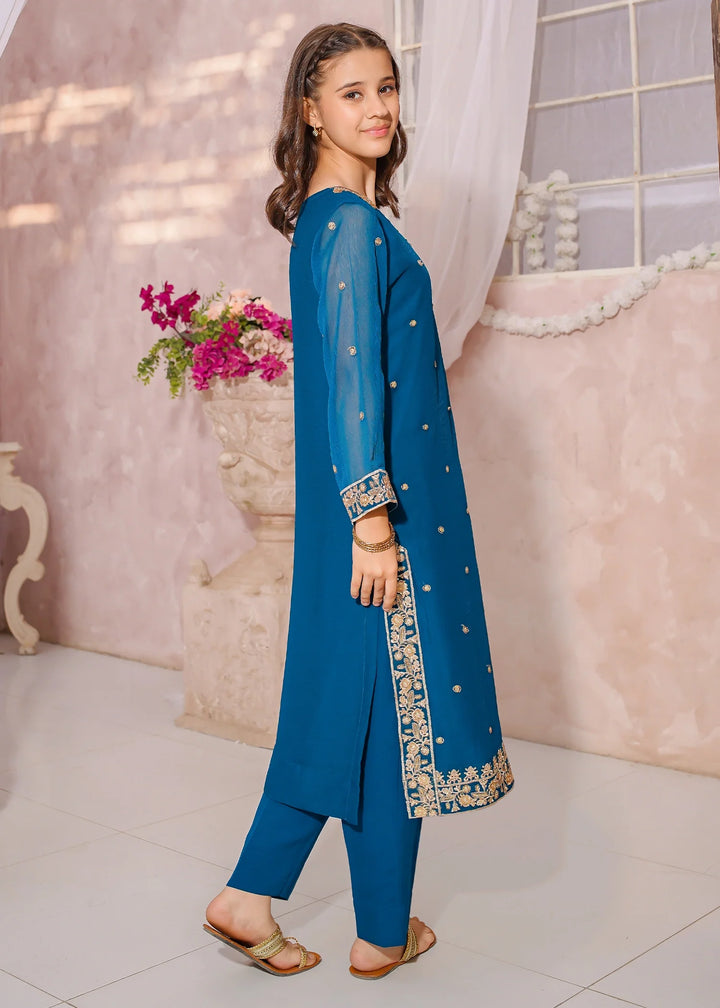 Modest - Embroidered Crinkle Suit For Girl - Blue - 3 Piece - Studio by TCS