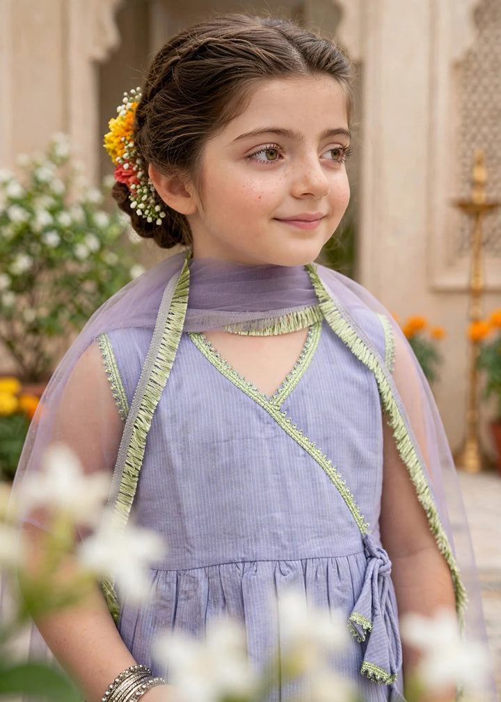 Modest Girls 3 Piece Purple Cotton Festive Anghrakha Dress