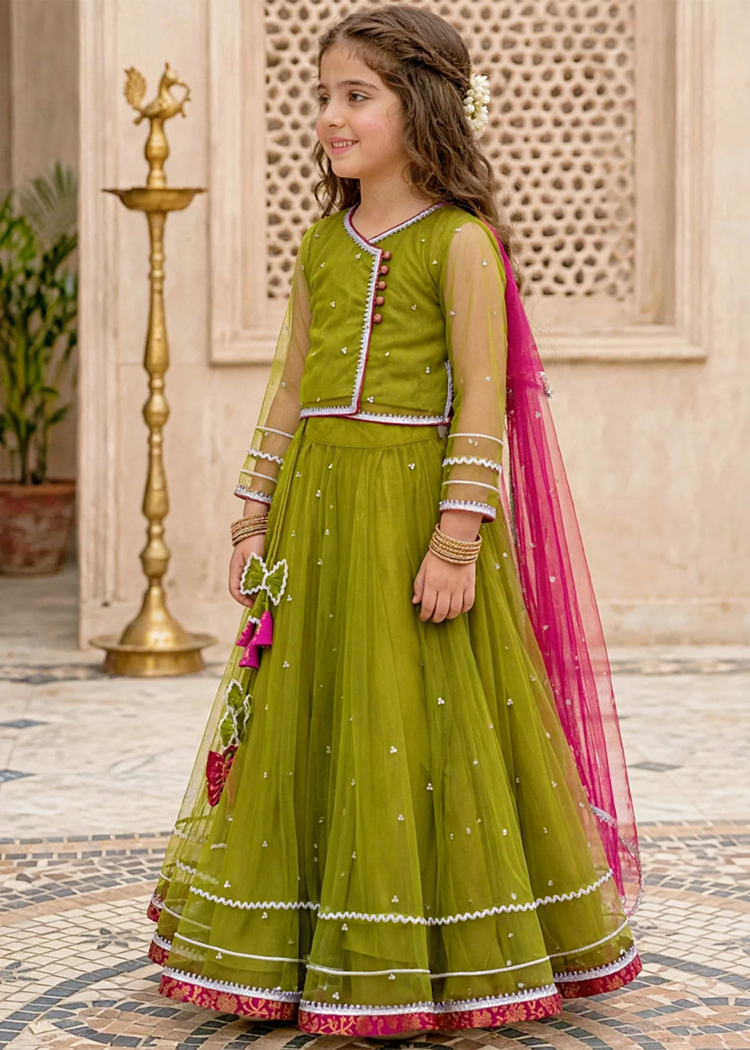 Modest Girls 3 Piece Green Net Lehenga